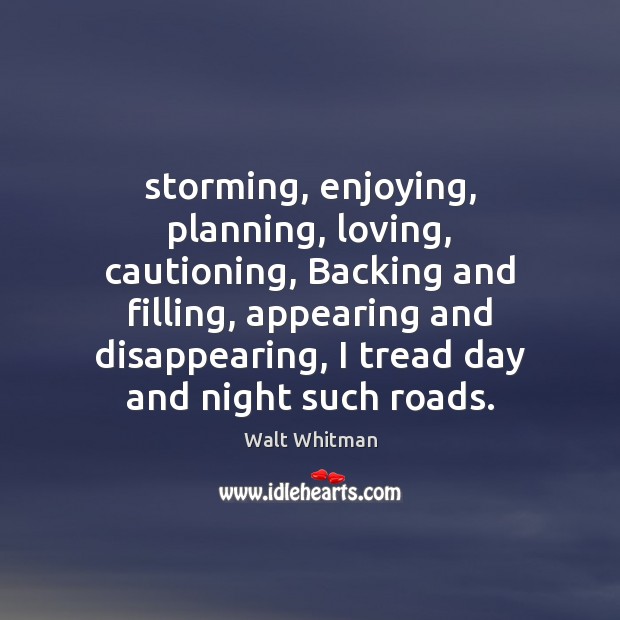 Storming, enjoying, planning, loving, cautioning, Backing and filling, appearing and disappearing, I 