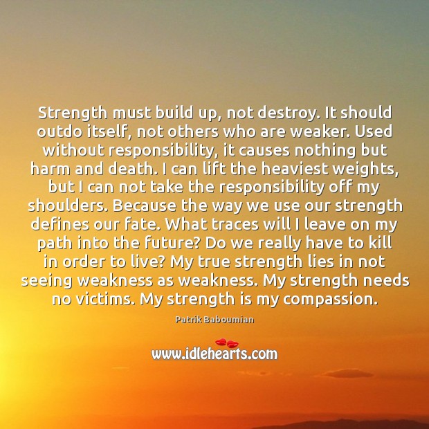 Strength must build up, not destroy. It should outdo itself, not others Patrik Baboumian Picture Quote