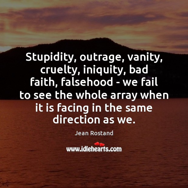 Stupidity, outrage, vanity, cruelty, iniquity, bad faith, falsehood – we fail to Jean Rostand Picture Quote
