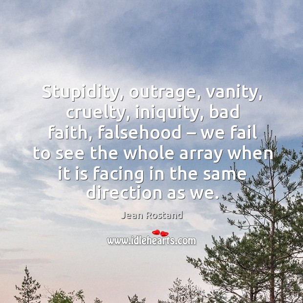 Stupidity, outrage, vanity, cruelty, iniquity, bad faith Jean Rostand Picture Quote
