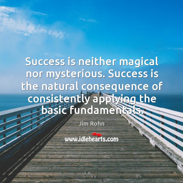 Success is neither magical nor mysterious. Success is the natural consequence of consistently applying the basic fundamentals. Jim Rohn Picture Quote