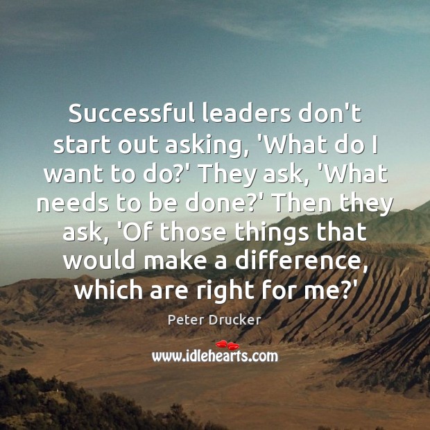 Successful leaders don’t start out asking, ‘What do I want to do? Peter Drucker Picture Quote