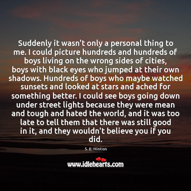 Suddenly it wasn’t only a personal thing to me. I could picture S. E. Hinton Picture Quote