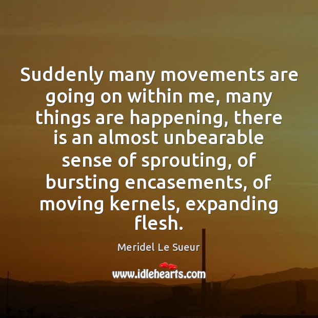 Suddenly many movements are going on within me, many things are happening, Meridel Le Sueur Picture Quote