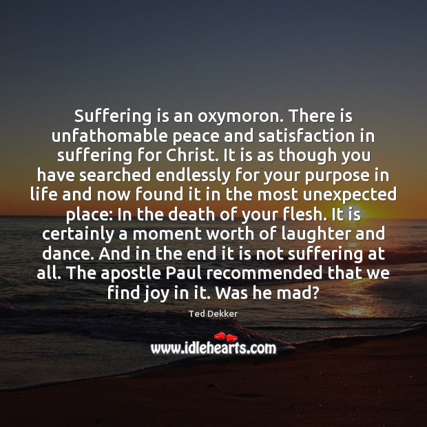 Suffering is an oxymoron. There is unfathomable peace and satisfaction in suffering Ted Dekker Picture Quote