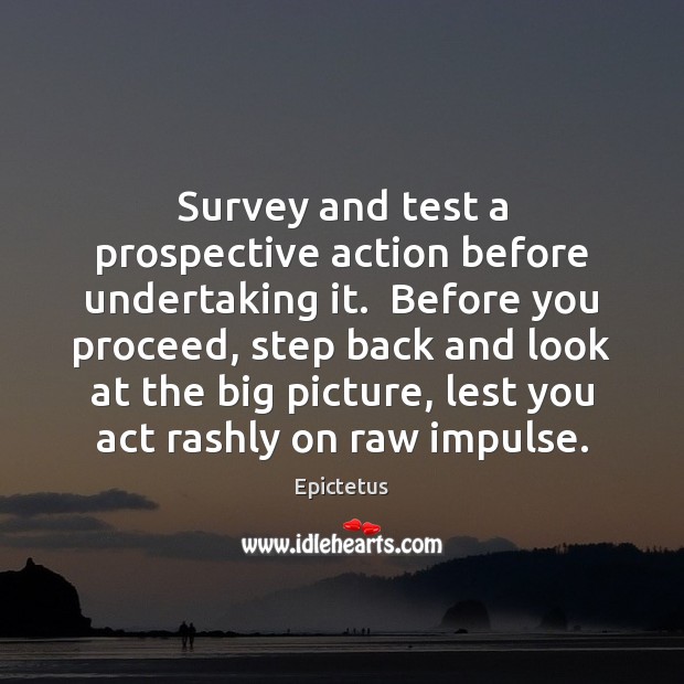 Survey and test a prospective action before undertaking it.  Before you proceed, Epictetus Picture Quote