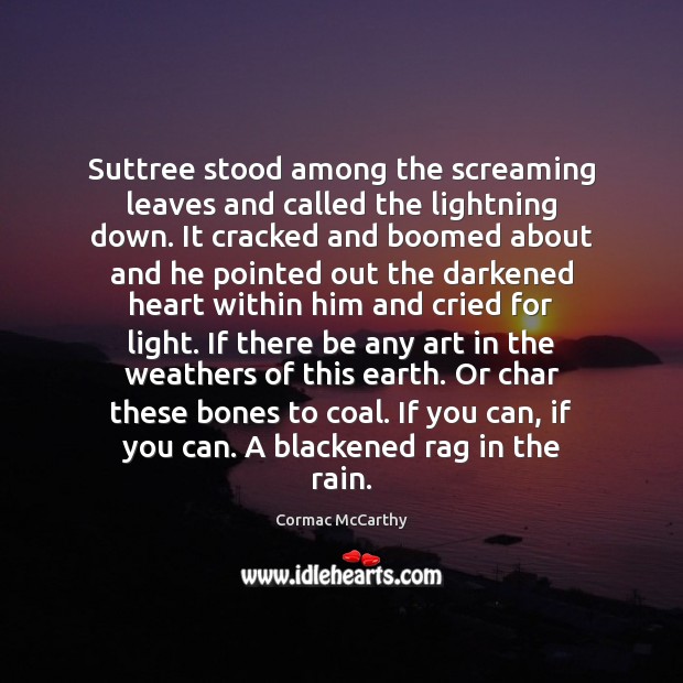 Suttree stood among the screaming leaves and called the lightning down. It Cormac McCarthy Picture Quote