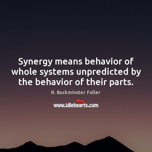 Synergy means behavior of whole systems unpredicted by the behavior of their parts. R. Buckminster Fuller Picture Quote