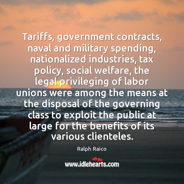 Tariffs, government contracts, naval and military spending, nationalized industries, tax policy, social 