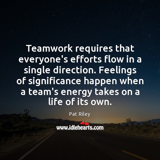 Teamwork requires that everyone’s efforts flow in a single direction. Feelings of Pat Riley Picture Quote