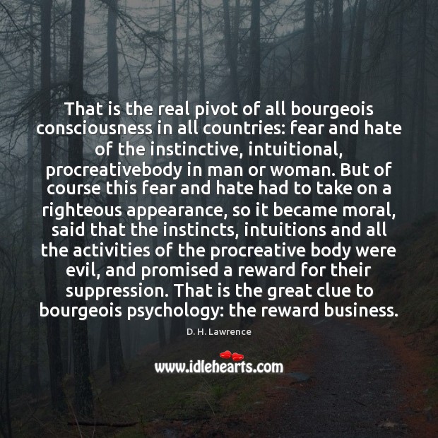 That is the real pivot of all bourgeois consciousness in all countries: D. H. Lawrence Picture Quote