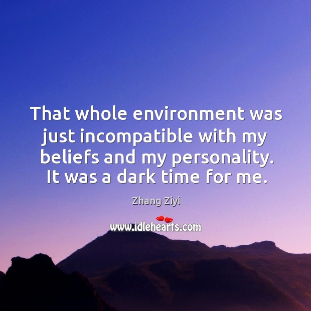 That whole environment was just incompatible with my beliefs and my personality. It was a dark time for me. Zhang Ziyi Picture Quote