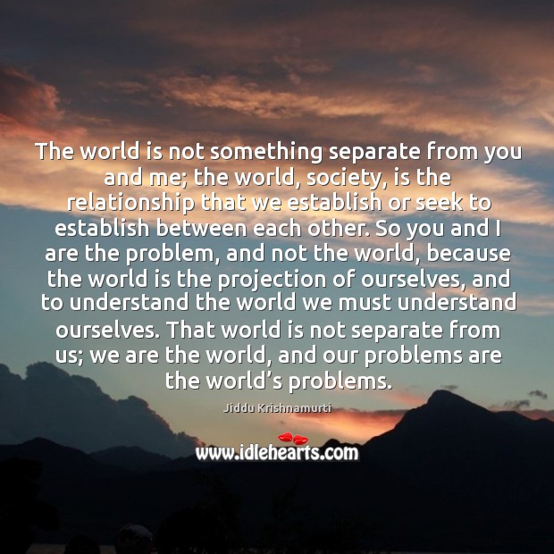 That world is not separate from us; we are the world, and our problems are the world’s problems. Jiddu Krishnamurti Picture Quote