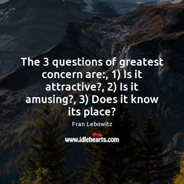 The 3 questions of greatest concern are:, 1) Is it attractive?, 2) Is it amusing?, 3) Fran Lebowitz Picture Quote