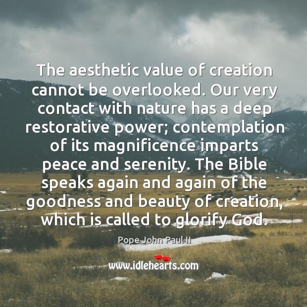 The aesthetic value of creation cannot be overlooked. Our very contact with Pope John Paul II Picture Quote