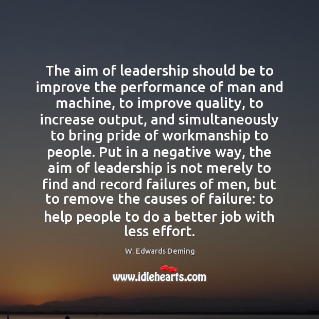 The aim of leadership should be to improve the performance of man W. Edwards Deming Picture Quote