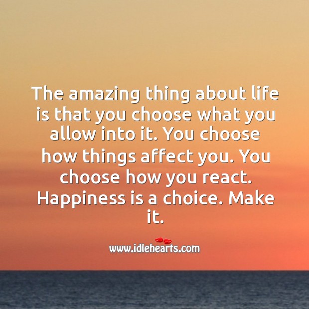 The amazing thing about life is that you choose what you allow into it. Happiness Quotes Image