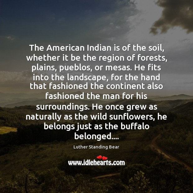 The American Indian is of the soil, whether it be the region Luther Standing Bear Picture Quote