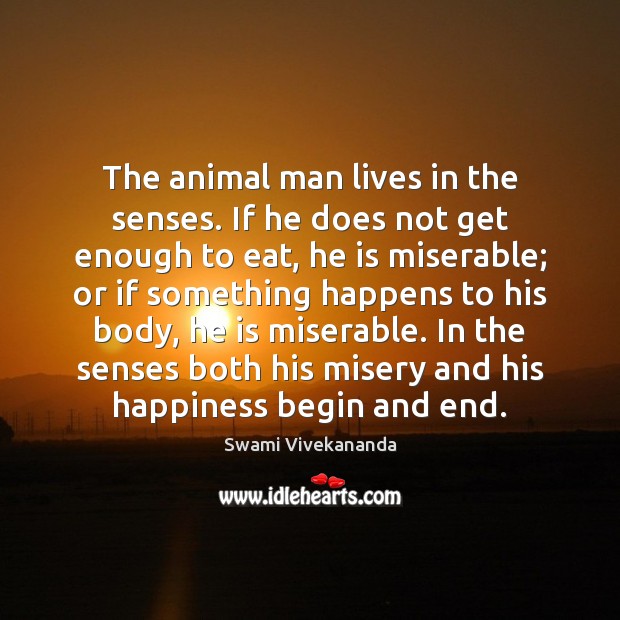 The animal man lives in the senses. If he does not get Swami Vivekananda Picture Quote