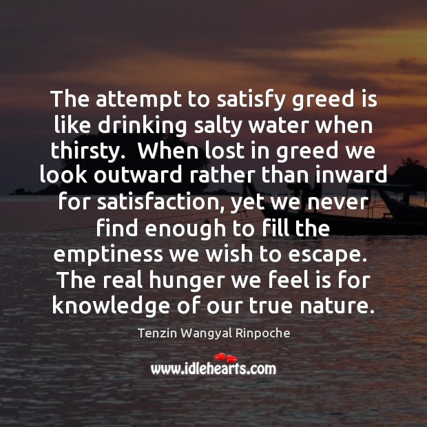 The attempt to satisfy greed is like drinking salty water when thirsty. Tenzin Wangyal Rinpoche Picture Quote