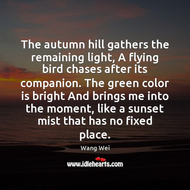 The autumn hill gathers the remaining light, A flying bird chases after 