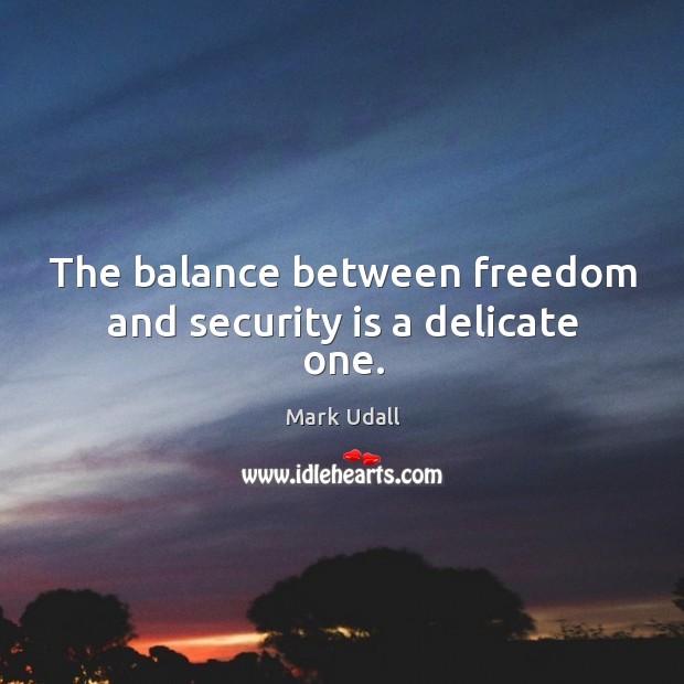 The balance between freedom and security is a delicate one. Mark Udall Picture Quote