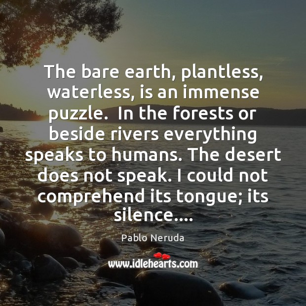 The bare earth, plantless, waterless, is an immense puzzle.  In the forests Pablo Neruda Picture Quote