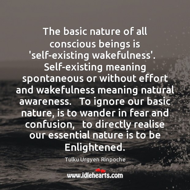 The basic nature of all conscious beings is ‘self-existing wakefulness’.   Self-existing meaning Tulku Urgyen Rinpoche Picture Quote