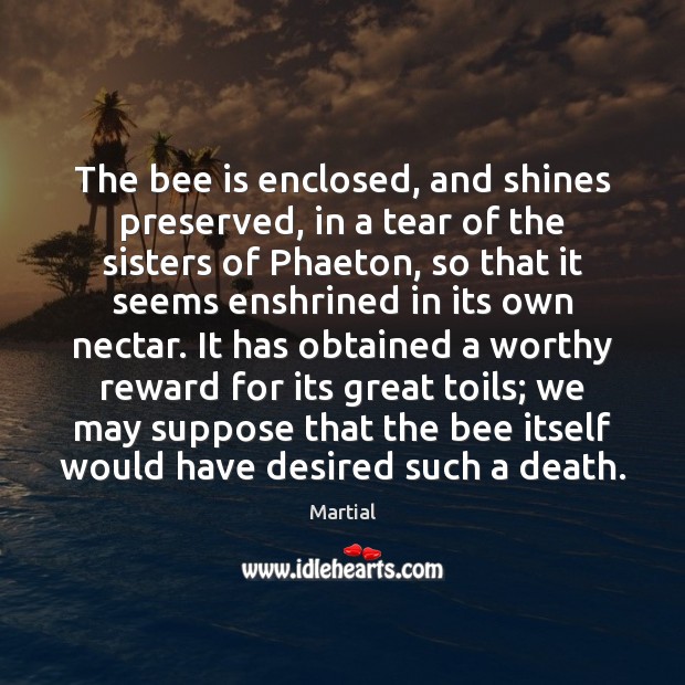 The bee is enclosed, and shines preserved, in a tear of the Image