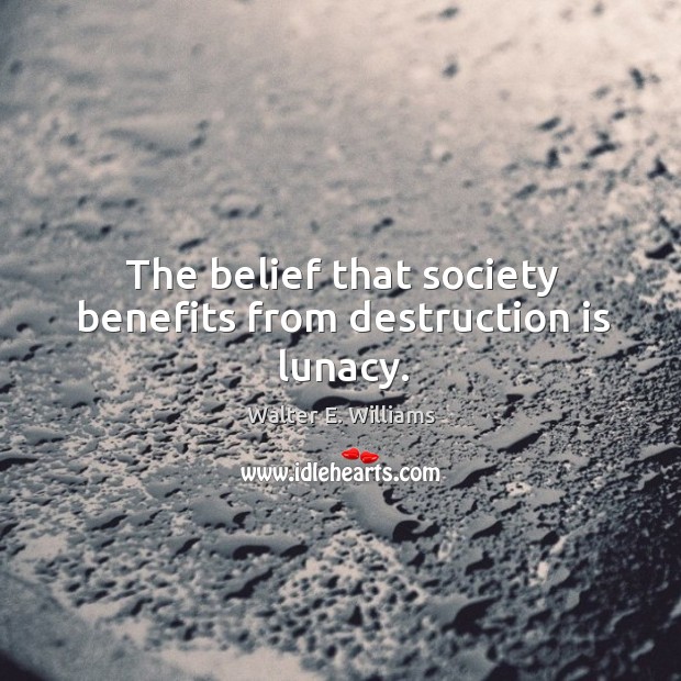 The belief that society benefits from destruction is lunacy. Walter E. Williams Picture Quote