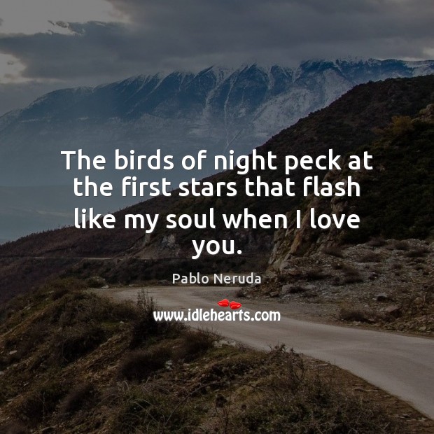 The birds of night peck at the first stars that flash like my soul when I love you. Pablo Neruda Picture Quote