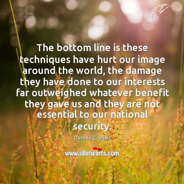 The bottom line is these techniques have hurt our image around the world, the damage Dennis C. Blair Picture Quote