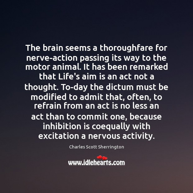The brain seems a thoroughfare for nerve-action passing its way to the Charles Scott Sherrington Picture Quote