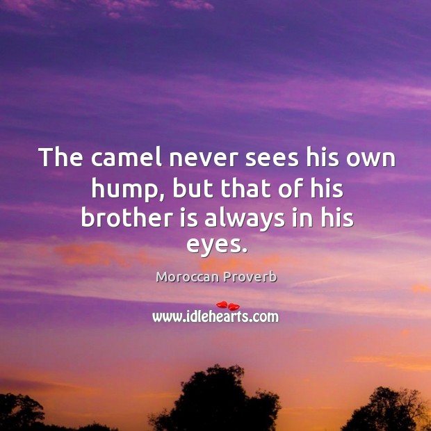 The camel never sees his own hump, but that of his brother is always in his eyes. Moroccan Proverbs Image