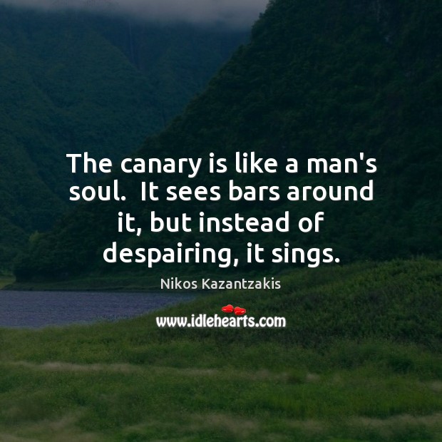 The canary is like a man’s soul.  It sees bars around it, Nikos Kazantzakis Picture Quote