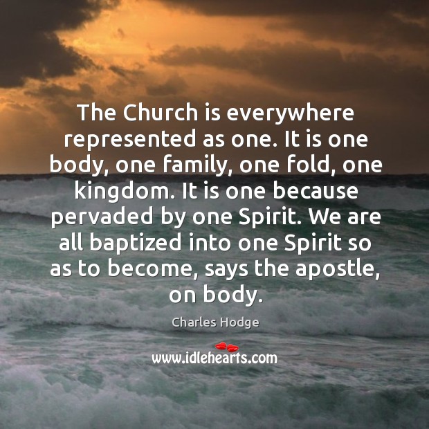 The church is everywhere represented as one. It is one body, one family, one fold, one kingdom. Charles Hodge Picture Quote