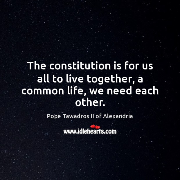 The constitution is for us all to live together, a common life, we need each other. Pope Tawadros II of Alexandria Picture Quote