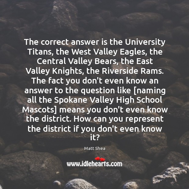 The correct answer is the University Titans, the West Valley Eagles, the Matt Shea Picture Quote