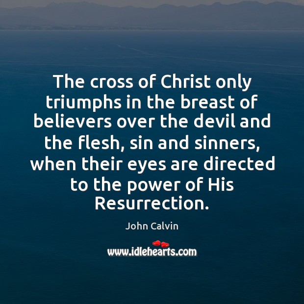 The cross of Christ only triumphs in the breast of believers over John Calvin Picture Quote
