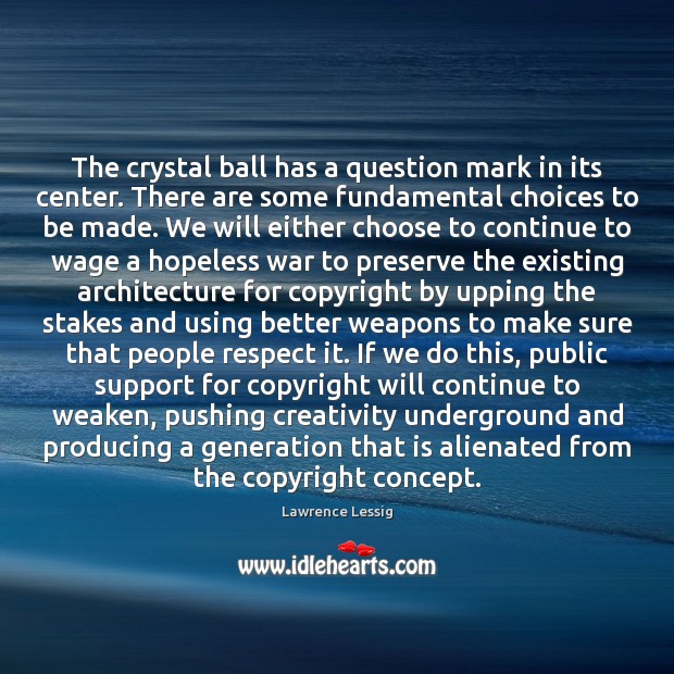 The crystal ball has a question mark in its center. There are Lawrence Lessig Picture Quote