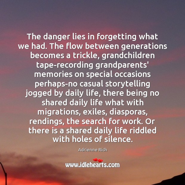 The danger lies in forgetting what we had. The flow between generations Adrienne Rich Picture Quote