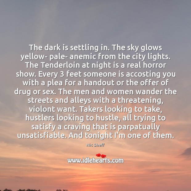 The dark is settling in. The sky glows yellow- pale- anemic from Nic Sheff Picture Quote