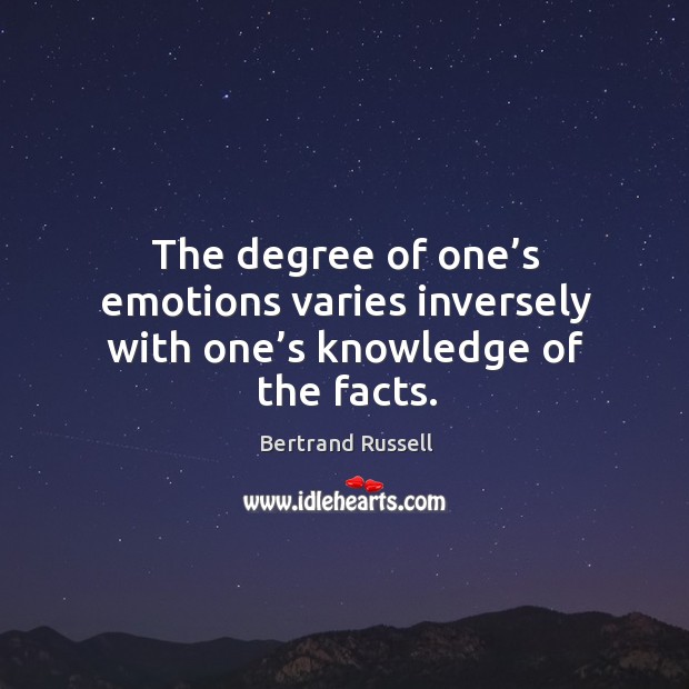 The degree of one’s emotions varies inversely with one’s knowledge of the facts. Bertrand Russell Picture Quote