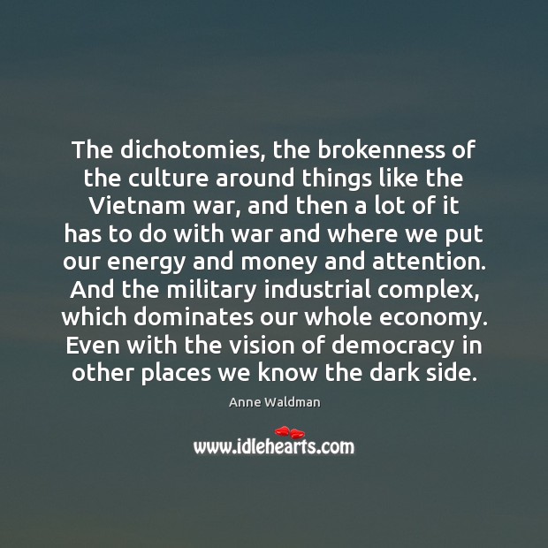 The dichotomies, the brokenness of the culture around things like the Vietnam Anne Waldman Picture Quote