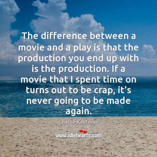 The difference between a movie and a play is that the production Charlie Kaufman Picture Quote