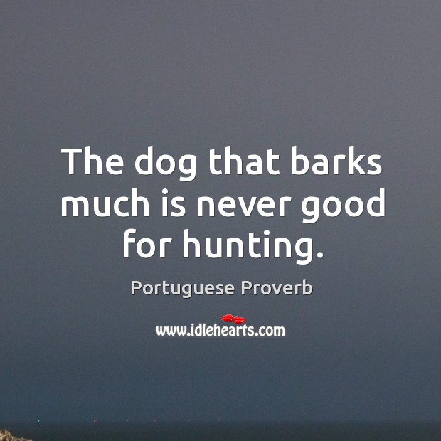 The dog that barks much is never good for hunting. Portuguese Proverbs Image