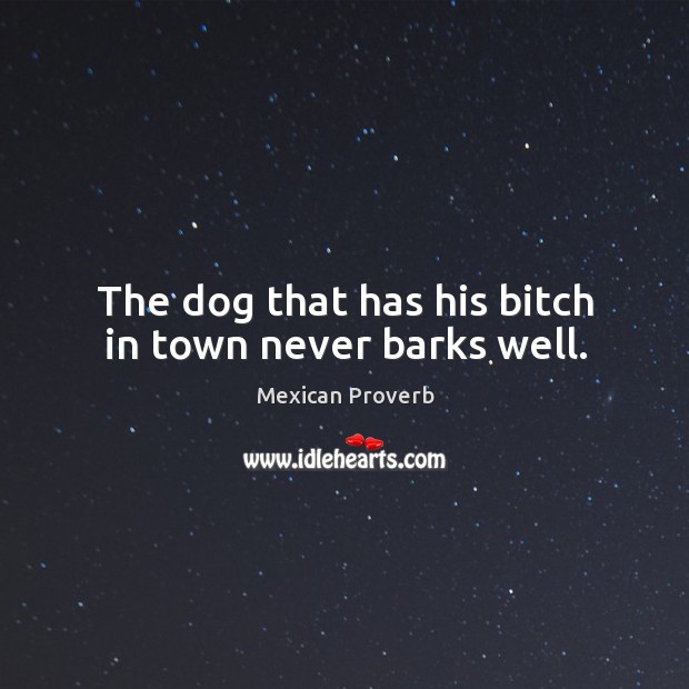 The dog that has his bitch in town never barks well. Mexican Proverbs Image