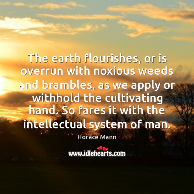 The earth flourishes, or is overrun with noxious weeds and brambles, as Horace Mann Picture Quote