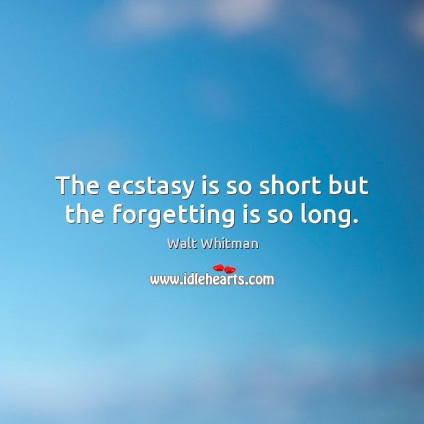 The ecstasy is so short but the forgetting is so long. Walt Whitman Picture Quote
