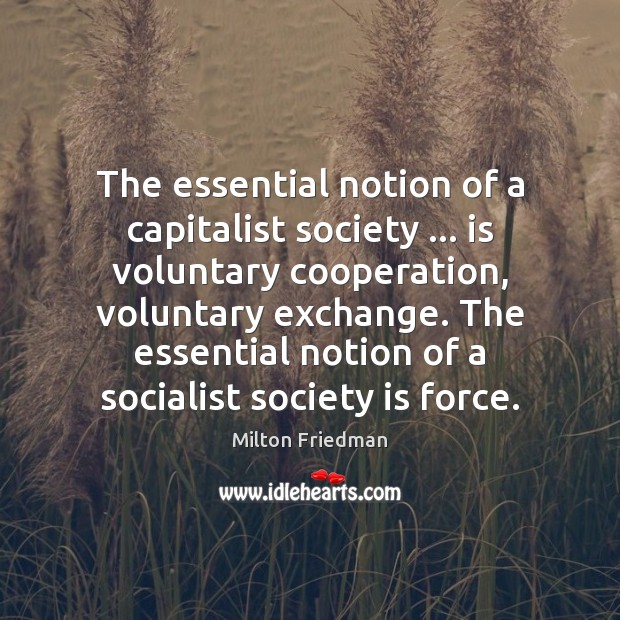 The essential notion of a capitalist society … is voluntary cooperation, voluntary exchange. Milton Friedman Picture Quote